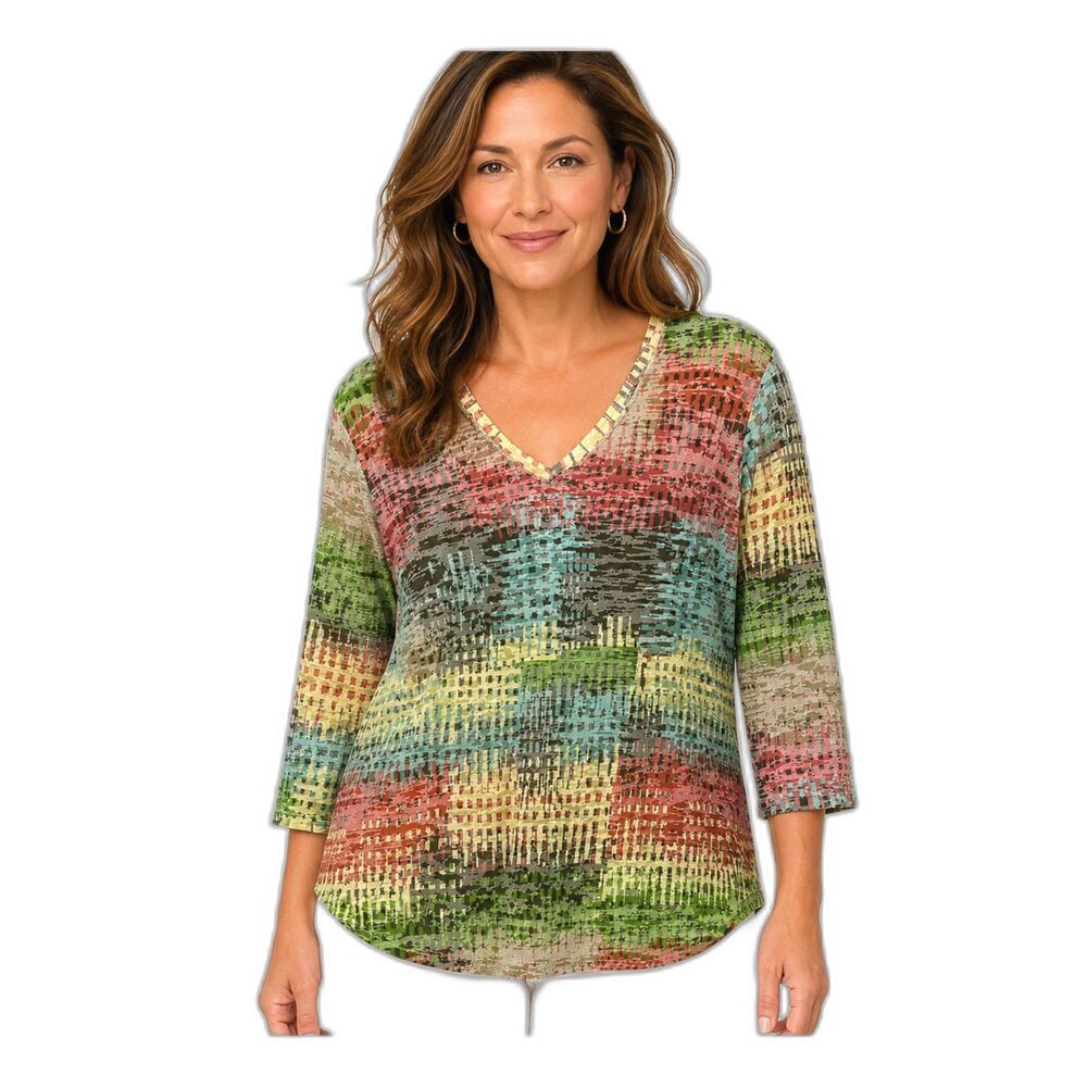 Tribal XL Sheer Mesh Top Abstract Multicolor V-Neck 3/4 Sleeve Lightweight